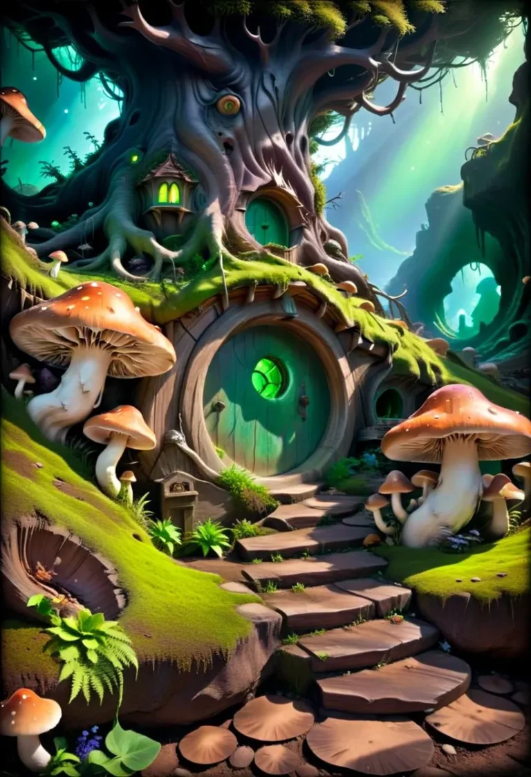 A whimsical fairy tale house built into an ancient tree in a mushroom forest, created using stable diffusion.