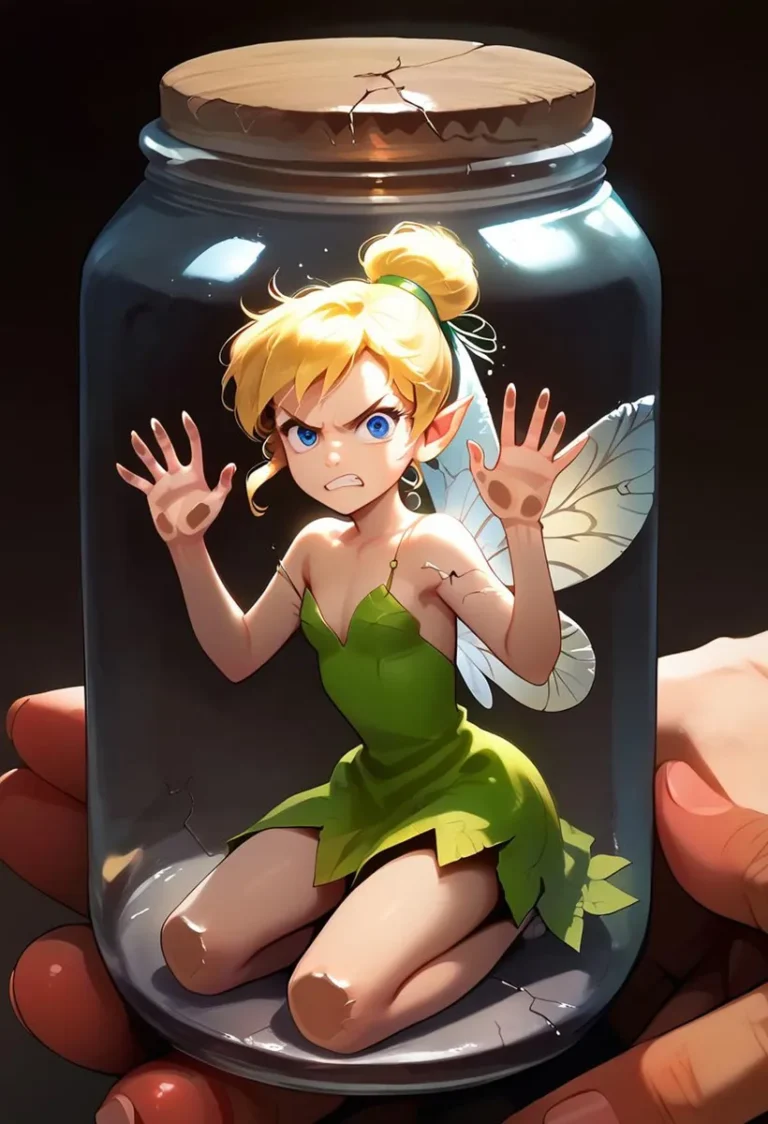 A cute anime-style fairy with blonde hair and green dress trapped in a cracked jar, generated by AI using Stable Diffusion.