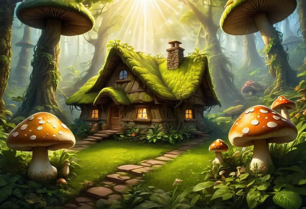 An AI generated image of a fairytale cottage with a moss-covered roof in an enchanted forest, surrounded by giant mushrooms and bathed in sunlight using Stable Diffusion.