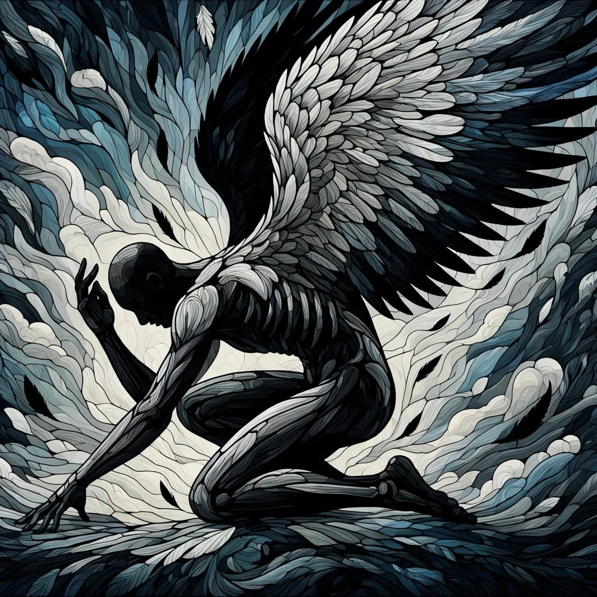 Stylized digital art of a fallen angel kneeling with large, textured wings, created using Stable Diffusion AI.