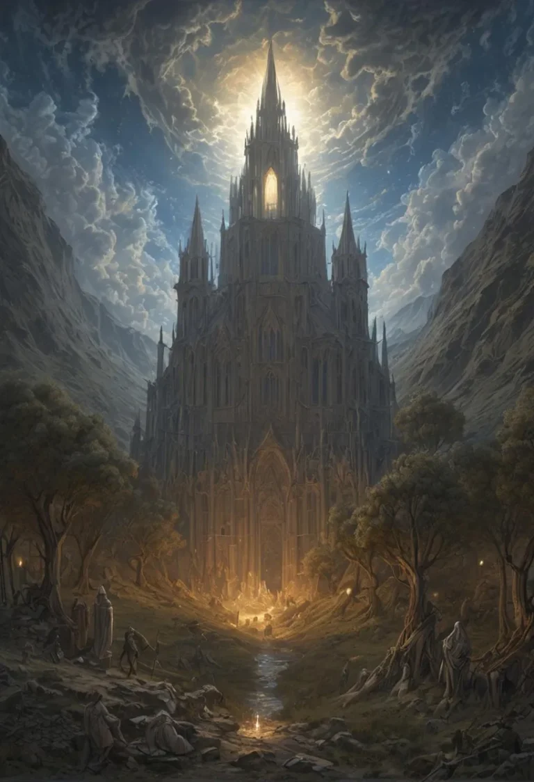 An AI generated image using Stable Diffusion depicting a grand medieval cathedral set against a fantasy landscape with dramatic clouds and glowing light.