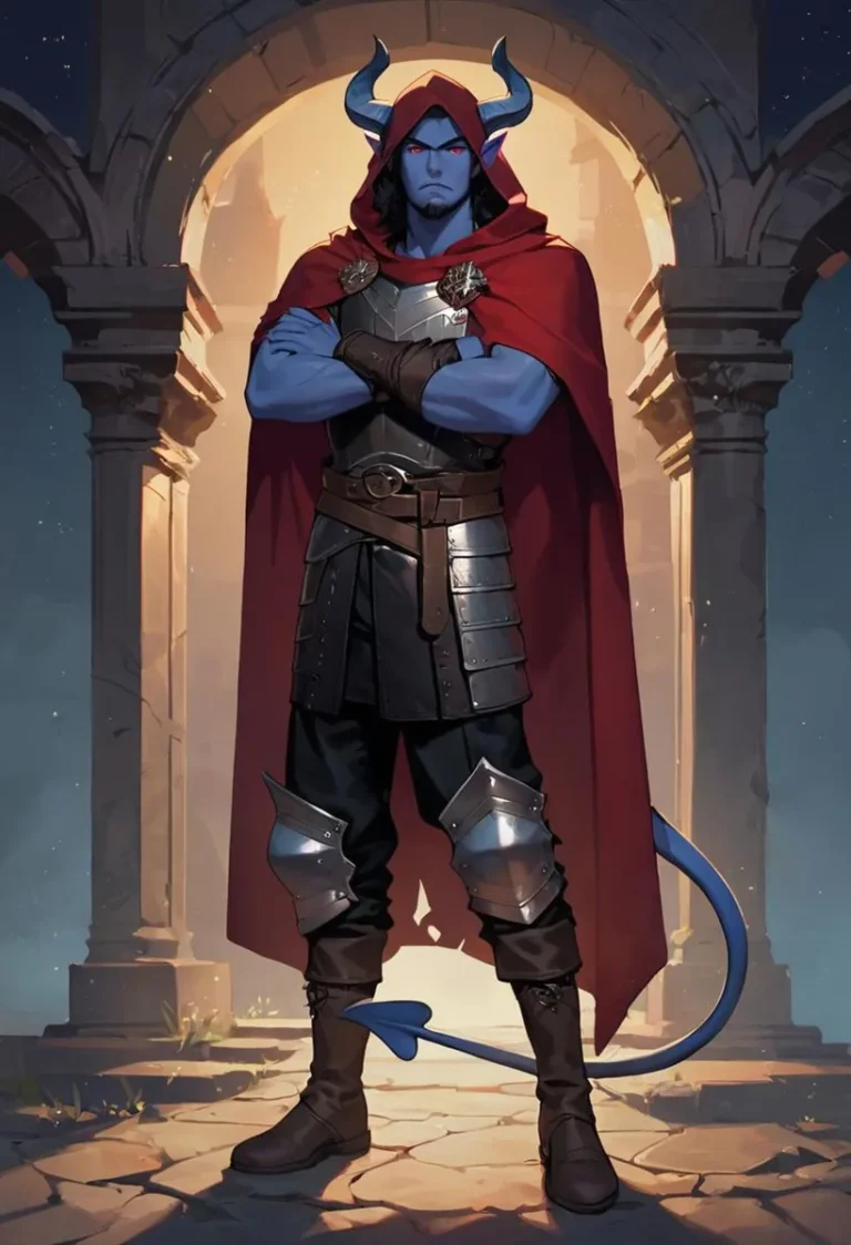 A blue-skinned demon character with horns, in a red cloak and armor, standing in a medieval archway. AI generated image using Stable Diffusion.