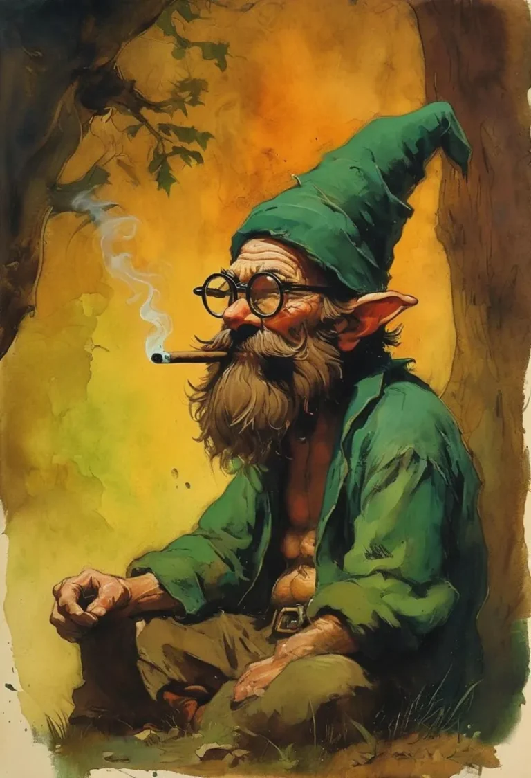 A whimsical, AI generated image using Stable Diffusion of an old gnome with a green hat and glasses, smoking a pipe against a vibrant, painted background.