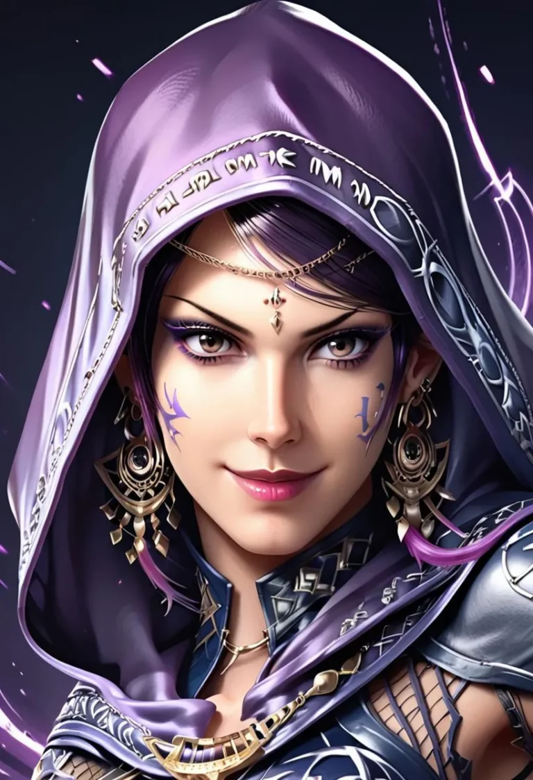 A detailed fantasy character with a purple hood, intricate jewelry, facial markings, and a confident expression. AI generated using Stable Diffusion.
