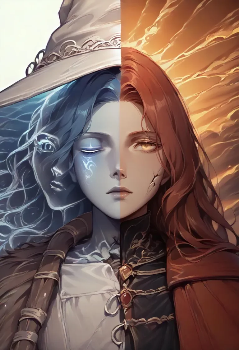 A split image of a magical character with blue hair and a serene expression on the left half, and red hair with a fiery expression on the right half. The left side has a mystical glow with blue tones, while the right side is bathed in warm, fiery light. This is an AI generated image using Stable Diffusion.