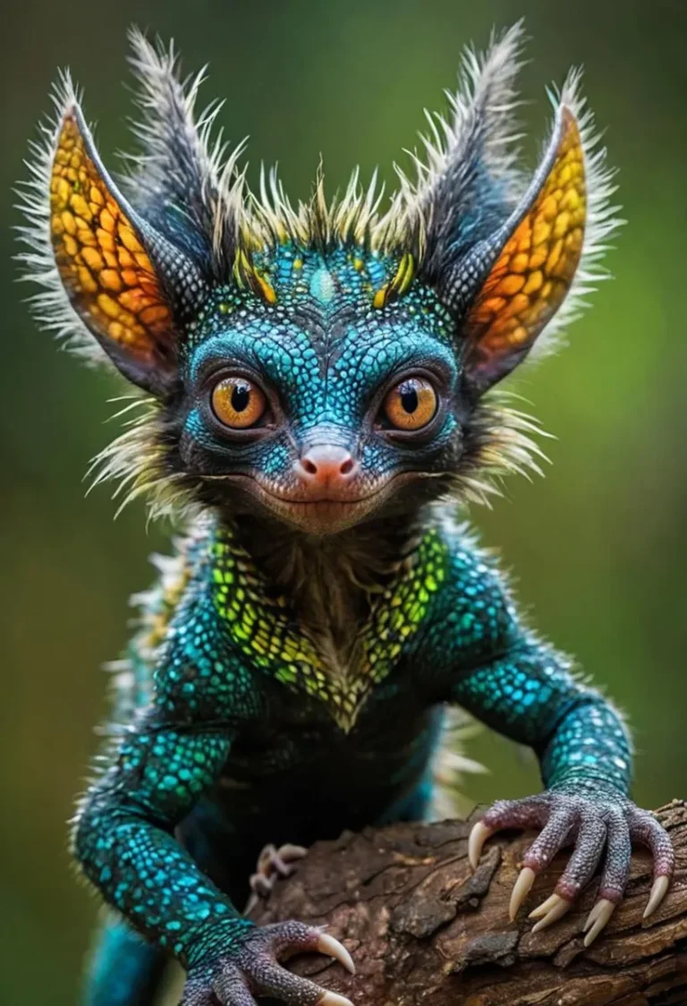 A fantasy creature with vibrant blue and green scales, large orange eyes, and sharp claws, created using Stable Diffusion.