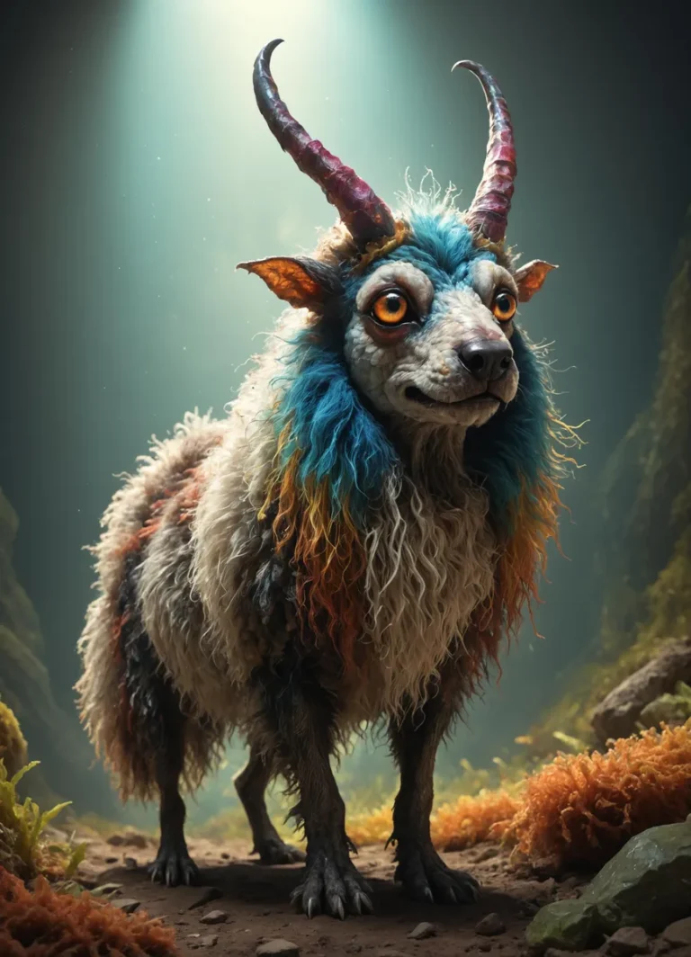 Fantasy creature with colorful, textured fur, prominent horns, large eyes, and a mystical background. AI generated image using stable diffusion.