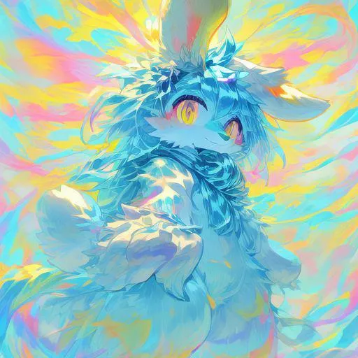 AI generated image of a fantasy creature with a rainbow aura using stable diffusion.
