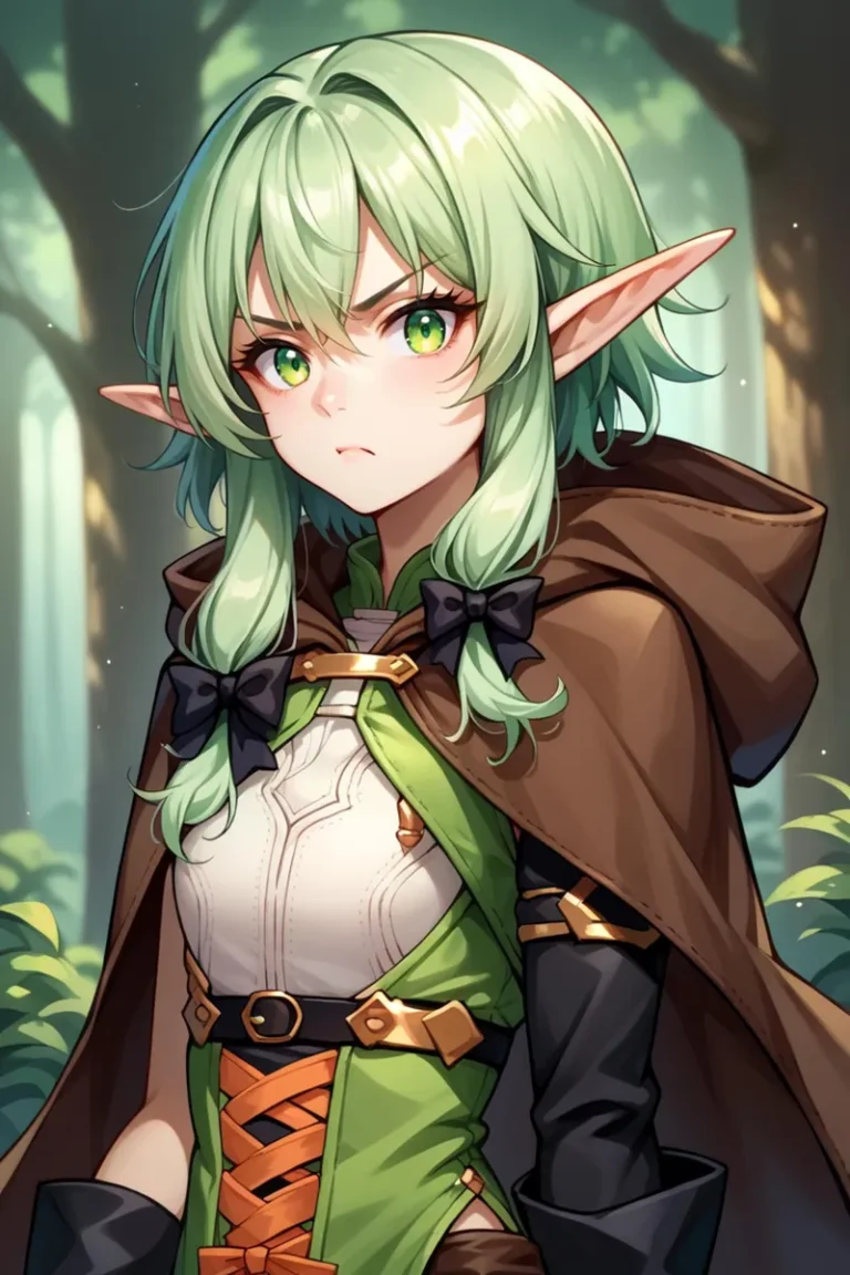 A fantasy green-haired elf with pointed ears wearing a brown cloak and green outfit in an anime style, created using AI and Stable Diffusion.