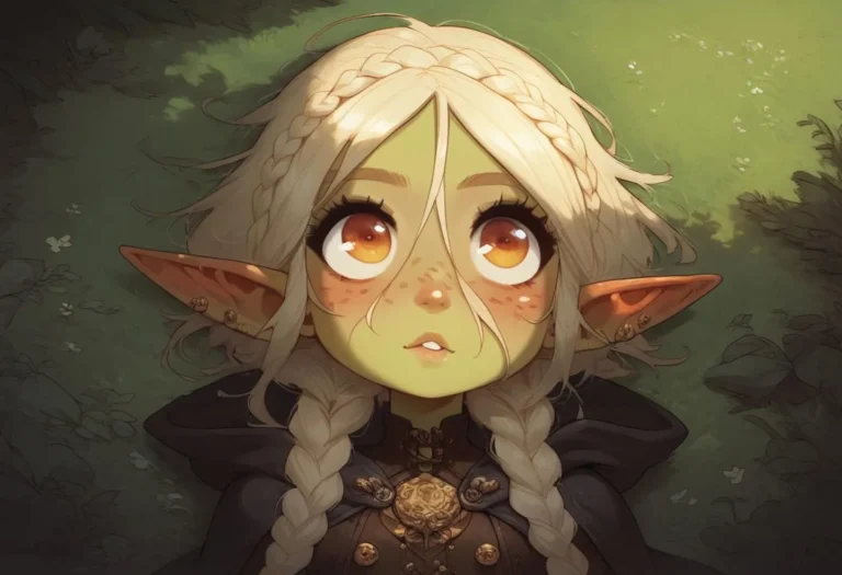 Fantasy elf girl with pale green skin, large orange eyes, and long braided blonde hair wearing a dark cloak, in an Anime style, AI generated using Stable Diffusion.