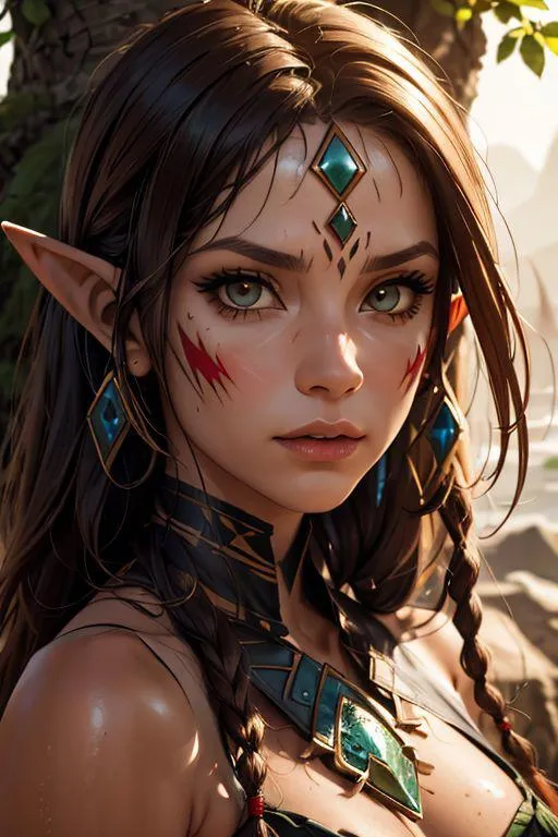 A stunning AI generated image using Stable Diffusion, depicting a fantasy elf female warrior with intricate face markings, pointed ears, and vibrant gemstone accessories.
