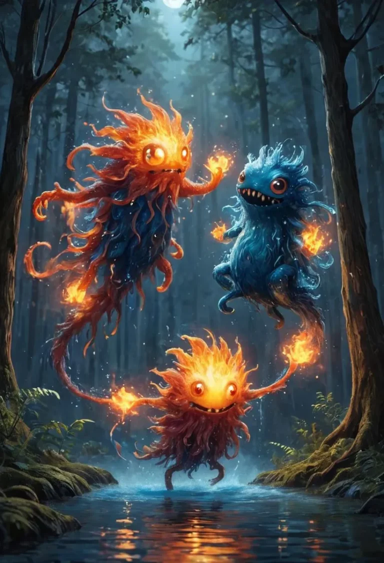 Fantasy creatures in a moonlit forest, AI generated with Stable Diffusion, featuring fiery orange and blue monsters with glowing embers, standing and floating over water amidst tall trees.