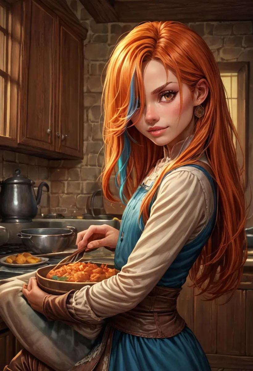 An AI generated image using stable diffusion, of a redhead woman wearing a blue dress and cooking in a rustic fantasy kitchen.