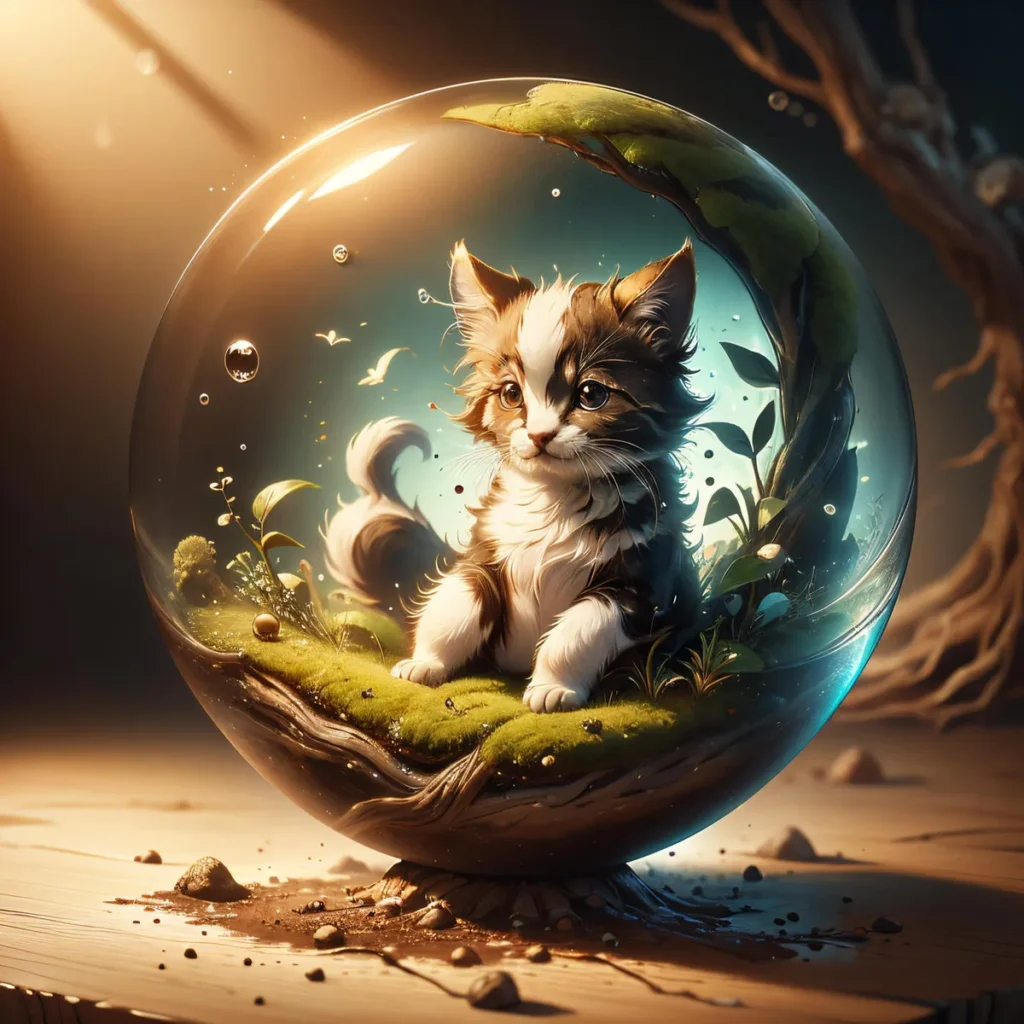 A cute kitten inside a magical sphere with a miniature forest setting, generated by Stable Diffusion.