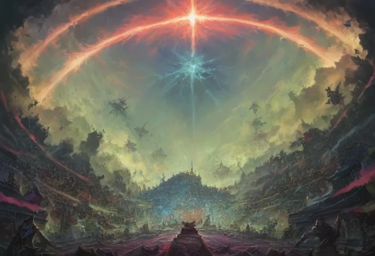 A fantasy landscape showing an epic battle scene with celestial lights and structures, created using Stable Diffusion.