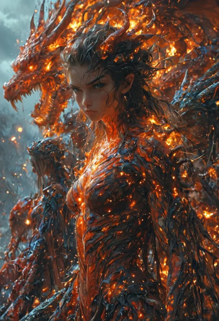 A fantasy warrior with glowing fiery skin intertwined with a fire dragon, created using ai and stable diffusion.