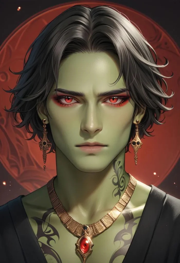 A striking AI-generated image of a green-skinned warrior with red eyes, intricate earrings, and a detailed necklace, created using Stable Diffusion.