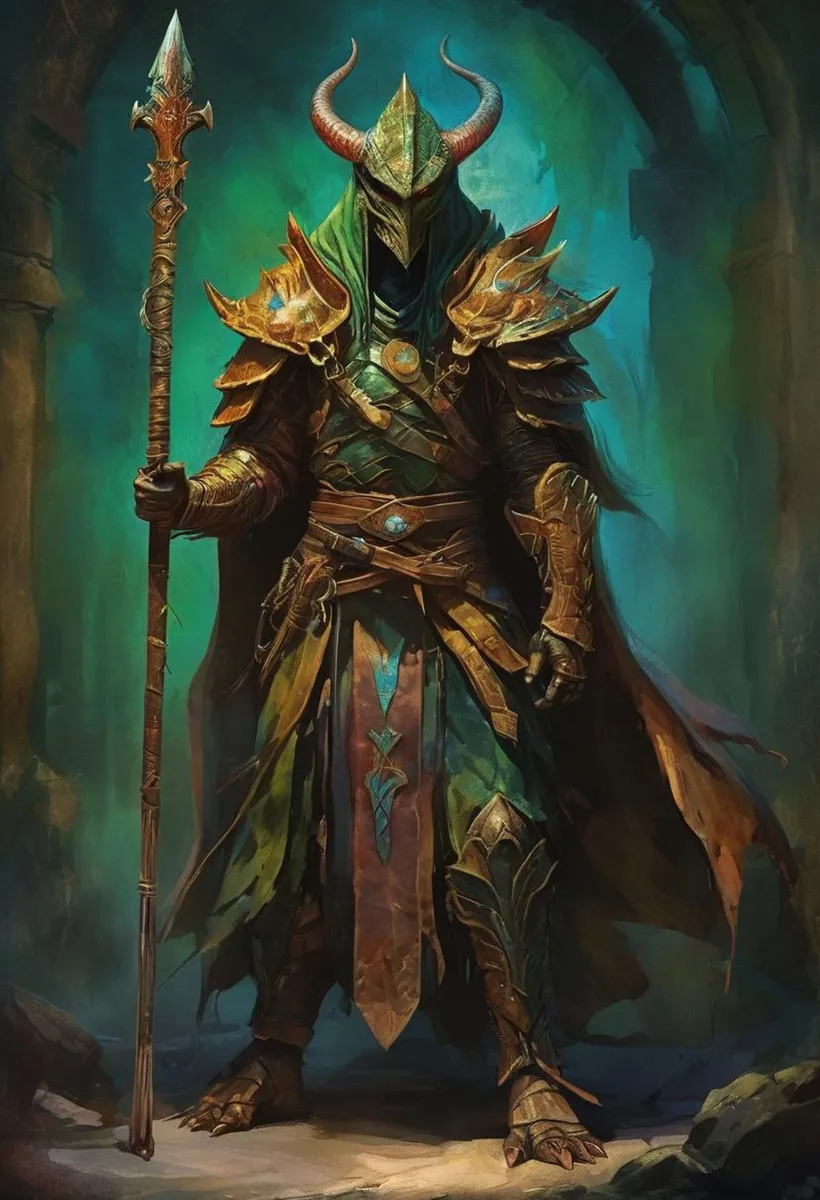 A detailed AI generated image using stable diffusion depicting a fantasy warrior in elaborate armor and a horned helmet, standing in a mystical setting.