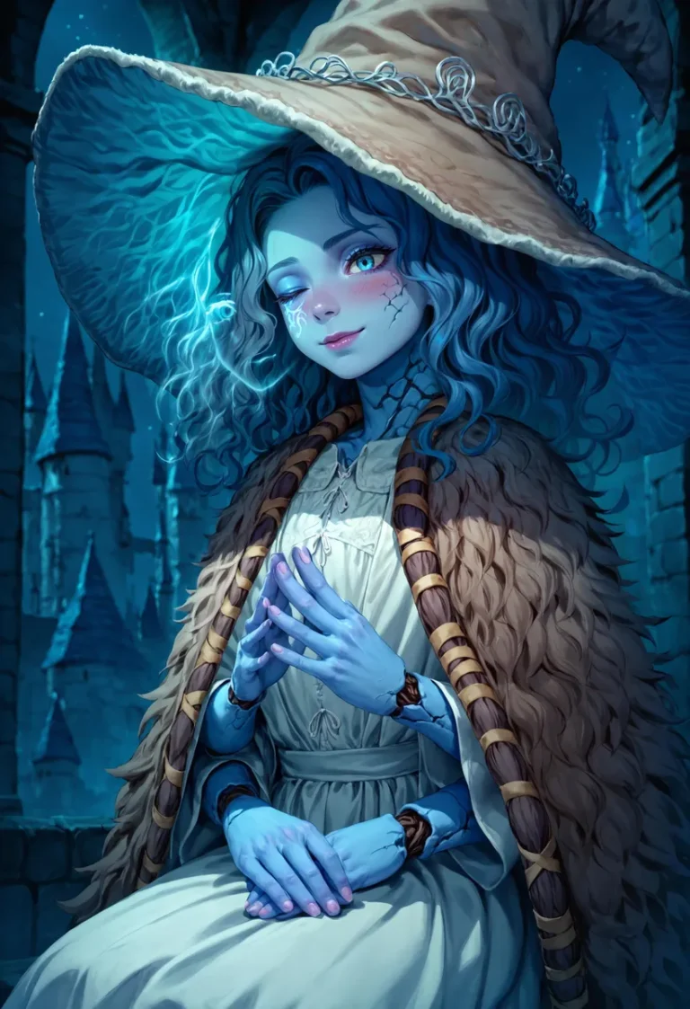 A fantasy witch with blue skin, curly hair, and a wide-brimmed hat, generated with Stable Diffusion AI.