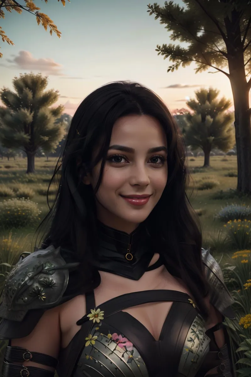 An AI generated image using Stable Diffusion of a woman with long dark hair wearing intricate armor adorned with floral designs, smiling in a serene meadow with trees in the background under a sunset sky.
