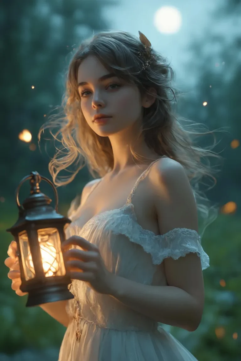 Fantasy woman with flowing hair holding a lantern in a mystical forest, AI generated image using stable diffusion.