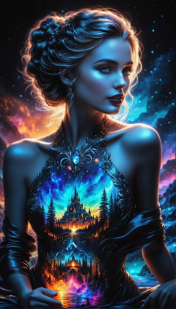 AI-generated image of a fantasy woman with an intricate dress featuring an enchanted landscape under a starry sky, using stable diffusion.