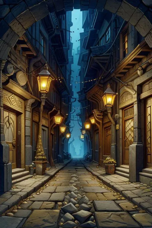 Fantasy alleyway with cobblestone street, medieval architecture, and warm street lamps created using AI and Stable Diffusion.