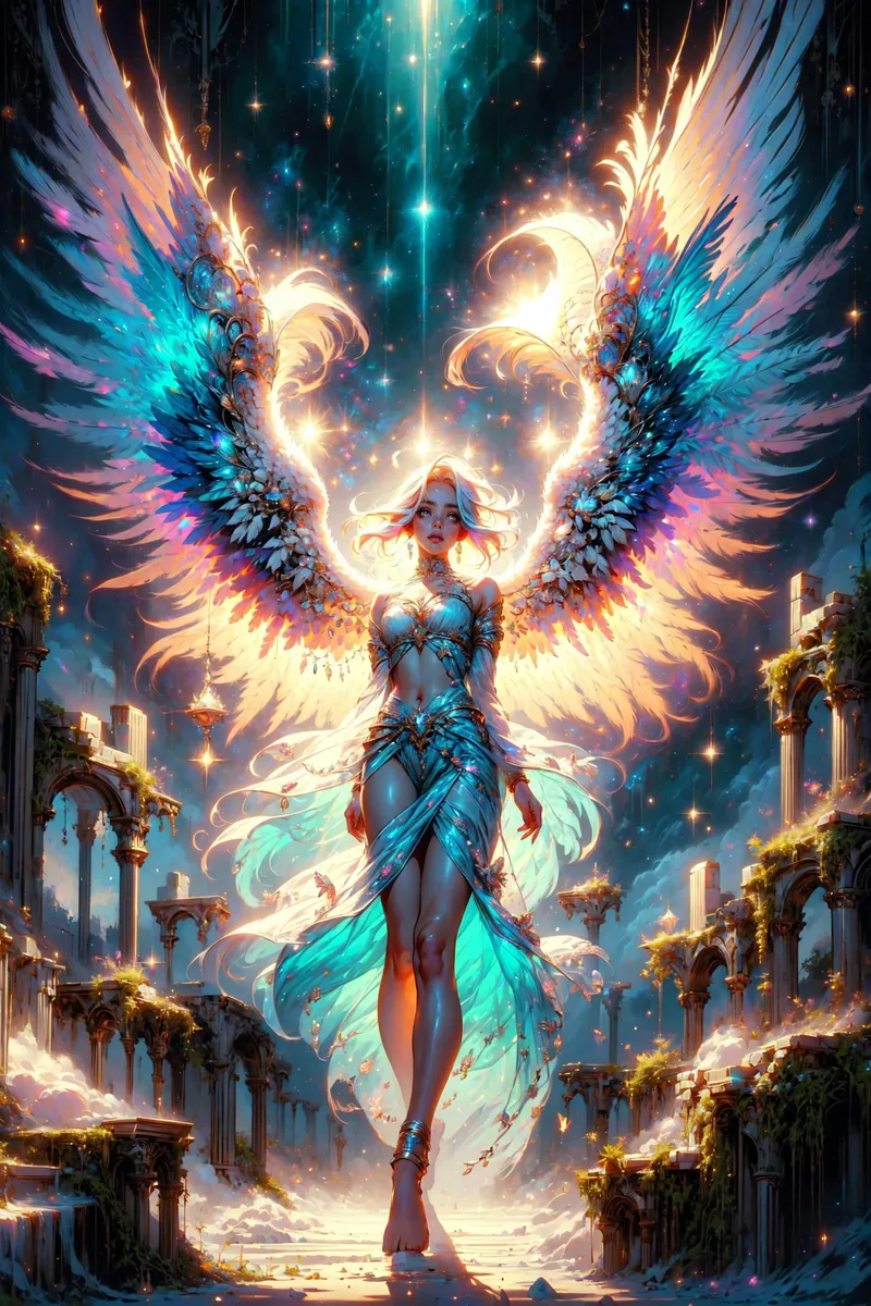 A stunning AI generated image using Stable Diffusion depicting a fantasy angel with radiant multicolored wings standing in an ethereal ancient ruin.
