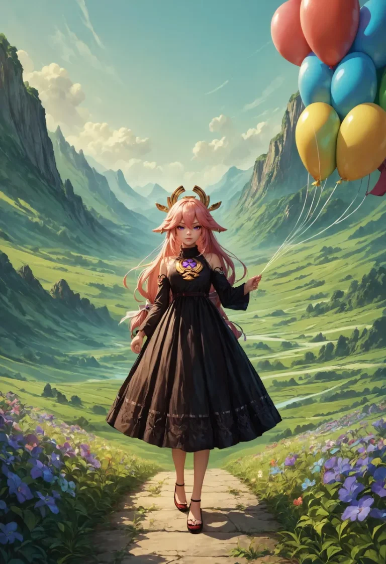 Fantasy anime girl with pink hair, wearing a black dress, holding colorful balloons, in a picturesque valley with mountains and flowers, AI generated using Stable Diffusion.
