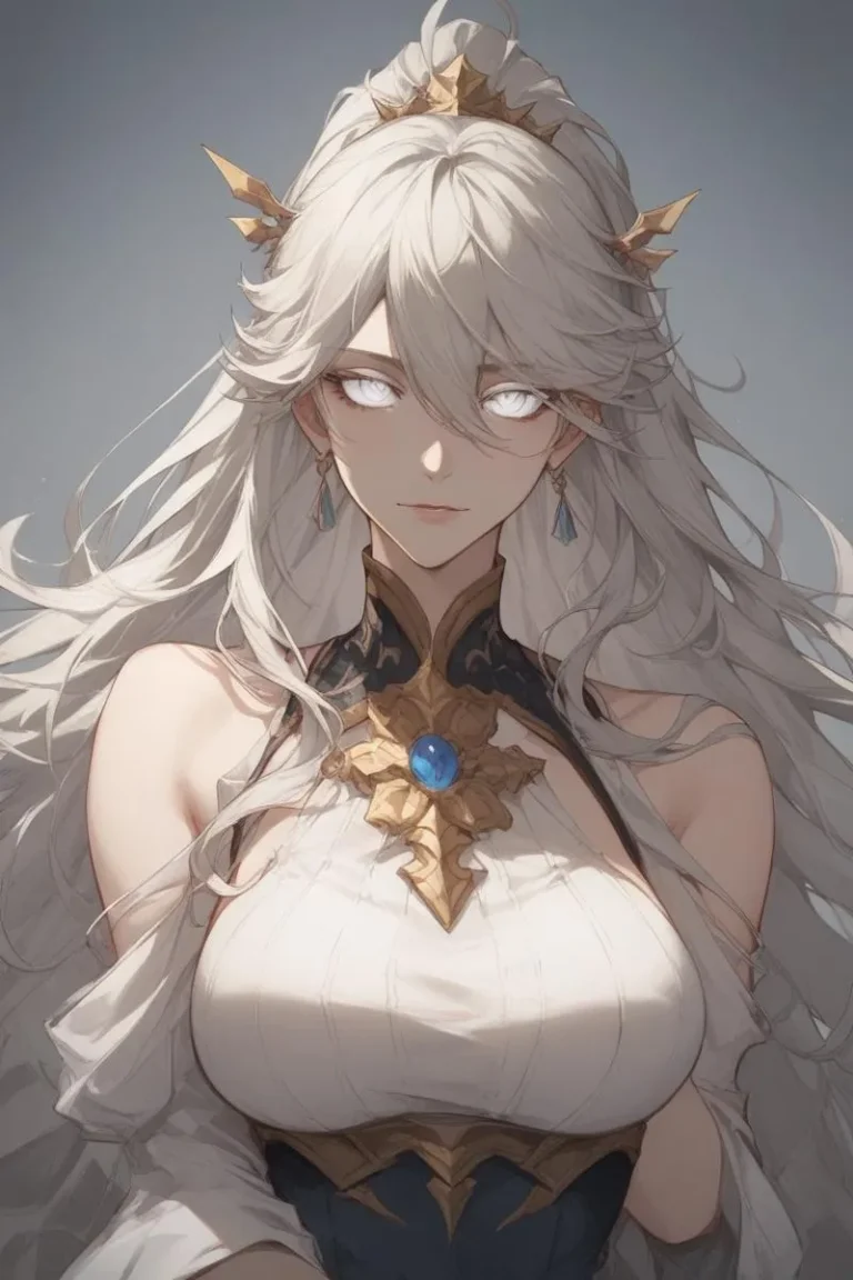 A beautiful, ethereal woman with flowing white hair, adorned with golden accessories and a blue gemstone pendant, created by AI using Stable Diffusion.