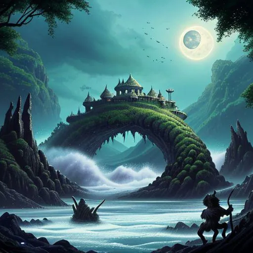 A fantasy scene with a castle perched atop a natural arch bridge over a river, under a cloudy sky with a crescent moon. This is an AI generated image using Stable Diffusion.