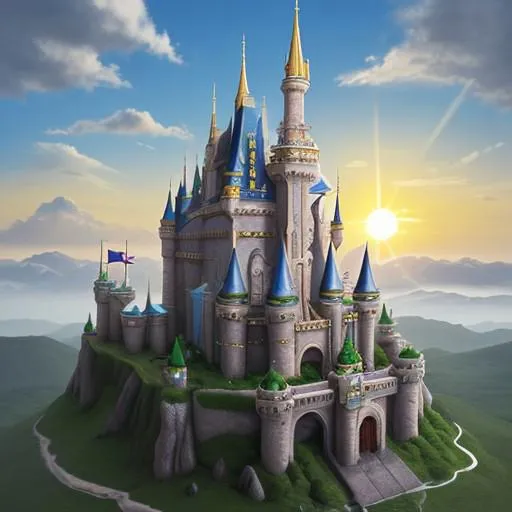 A majestic fantasy castle with towers, spires, and turrets, set against a picturesque sunset backdrop depicting fairytale architecture. AI generated image using Stable Diffusion.