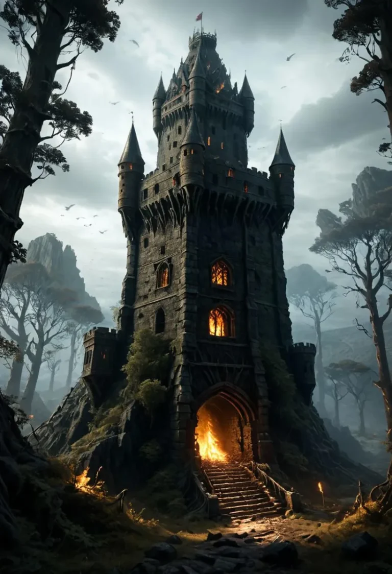 A fantasy medieval tower castle in a dark forest, created with Stable Diffusion.