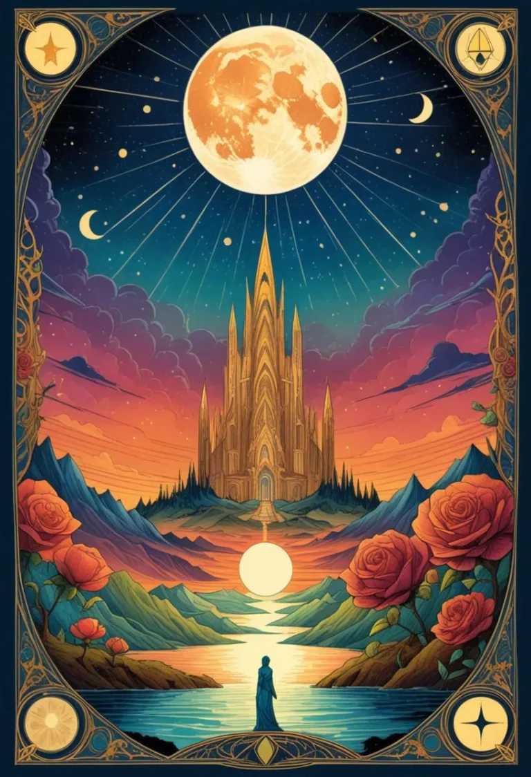 Art deco style image of a fantasy castle under a massive full moon, surrounded by colorful flowers and a winding river, created using Stable Diffusion.