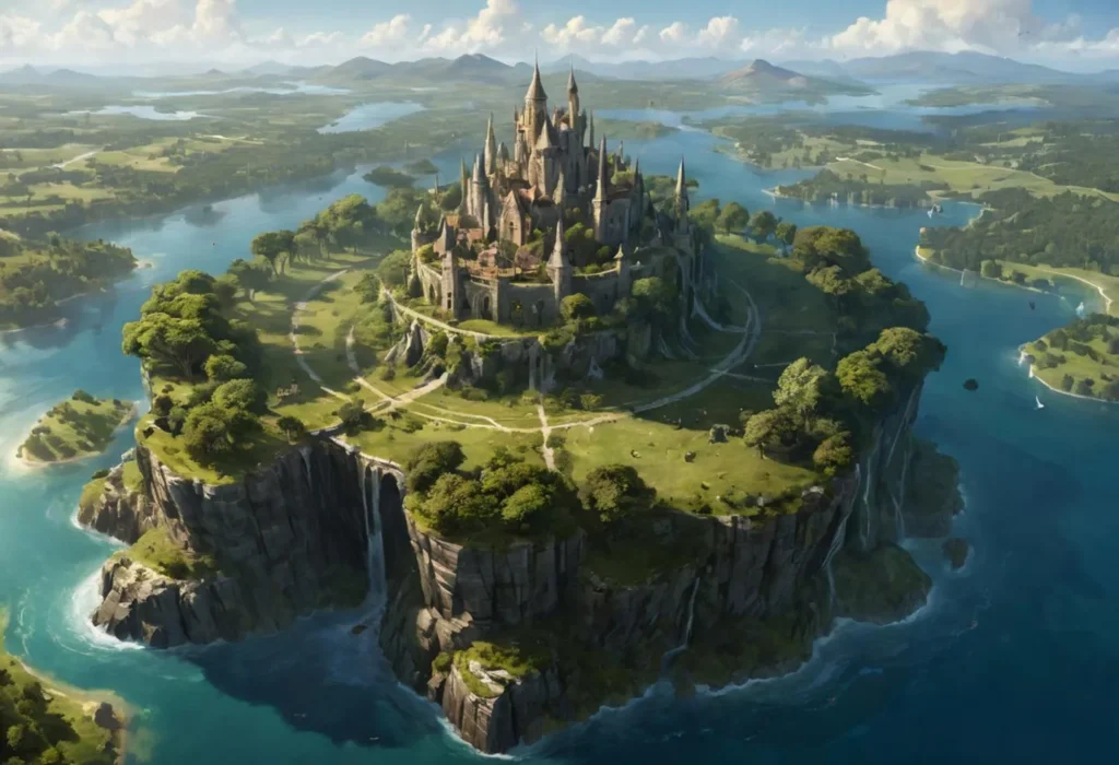 Fantasy castle atop a lush, green floating island surrounded by serene blue waters with majestic landscape backdrop, AI generated using Stable Diffusion.