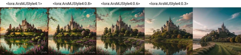 A stunning AI-generated image of a fantasy castle in a serene landscape, transitioning through different times of the day via stable diffusion.