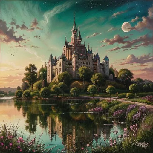 A dreamlike fantasy castle with tall spires surrounded by vibrant green trees and bushes, reflected in a calm lake under a moonlit sky, created using Stable Diffusion.
