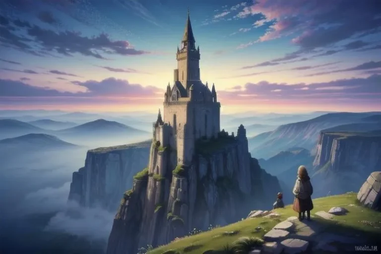A fantasy castle perched atop a steep mountain with two characters observing the scene, created by AI using stable diffusion.