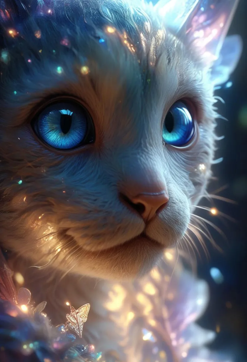 A close-up view of a fantasy cat with mesmerizing blue eyes surrounded by ethereal lights, generated using Stable Diffusion.