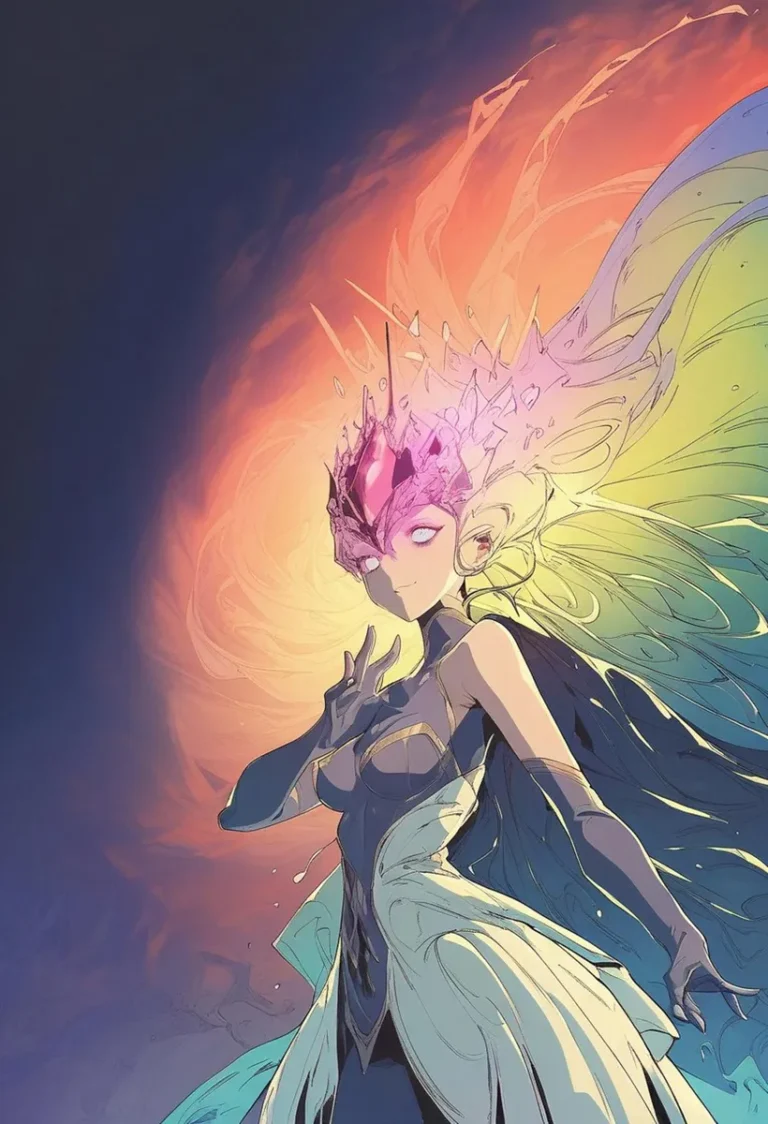 A fantasy character with a crystal crown, colorful wings, and a glowing aura. This AI generated image using Stable Diffusion depicts a mystical figure in a stunning and vibrant illustration.