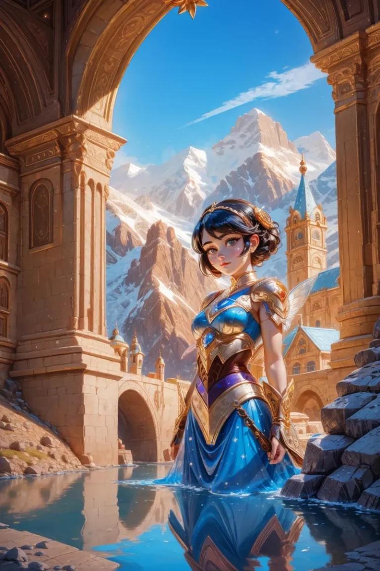A fantasy character in a blue and gold outfit, standing in a medieval setting with mountains, created using Stable Diffusion.
