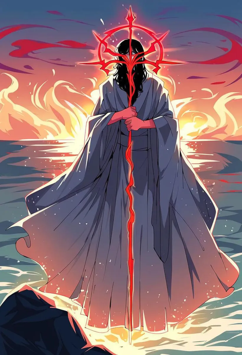 A fantasy character draped in a flowing robe holding a glowing red staff. The scene is set against a dramatic sunset with vibrant skies and reflections over water. AI generated image using Stable Diffusion.