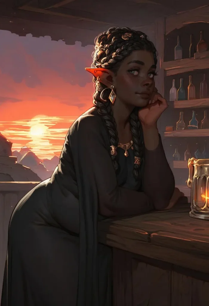 AI generated image of a fantasy character leaning on a counter in a sunset-lit tavern using Stable Diffusion.