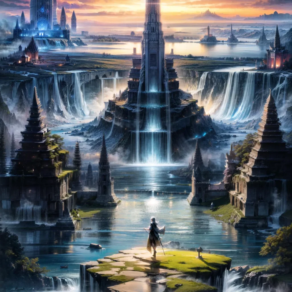 Ai generated image of a fantasy city with colossal waterfalls, created using stable diffusion.