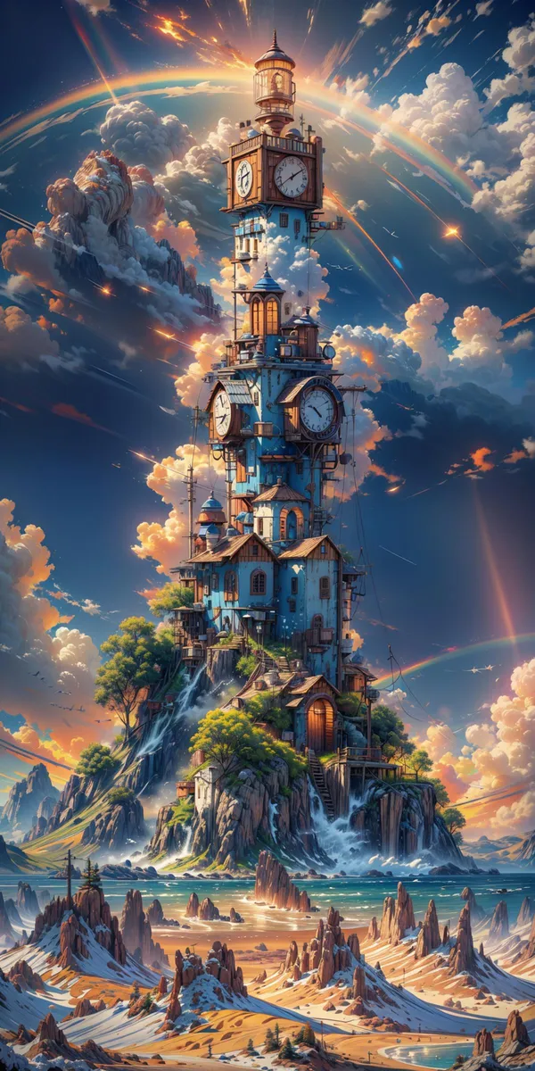 A fantastical AI generated image using Stable Diffusion, depicting a tall, elaborate clock tower rising from a lush, mountainous island surrounded by a vibrant ocean.