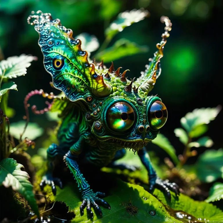Fantasy creature with iridescent eyes and intricate details in an enchanted forest. AI generated image using Stable Diffusion.