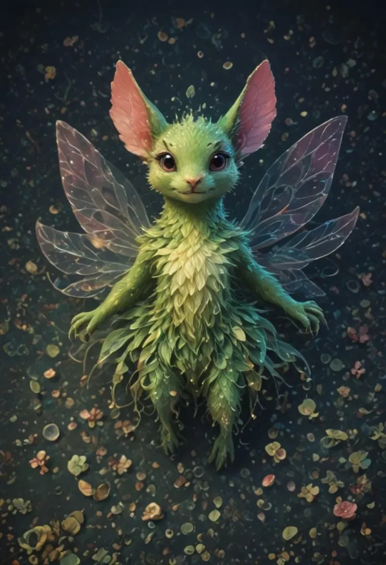 A fantasy creature resembling a forest fairy with green, leaf-like fur and large pink ears and transparent wings. This is an AI generated image using stable diffusion.