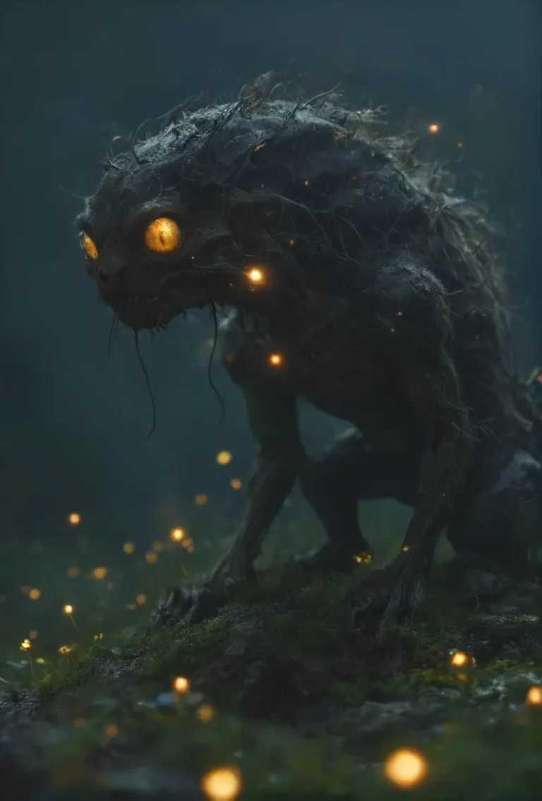 AI generated image of a dark, menacing fantasy creature with glowing yellow eyes against a dimly lit forest background, created using stable diffusion.