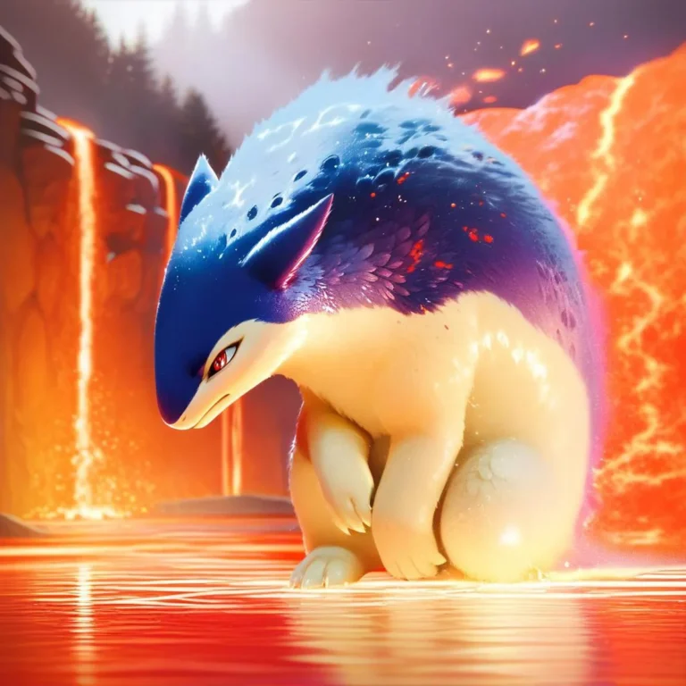 A fantasy creature resembling a hedgehog with blue and white fur near a lava pool, generated using AI Stable Diffusion.