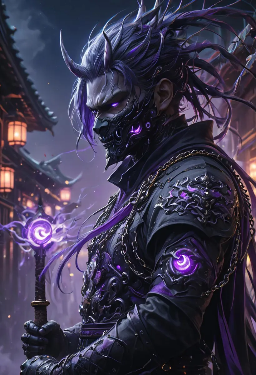 Dark fantasy warrior in samurai armor with cyberpunk elements, glowing purple details, and a staff, AI generated using Stable Diffusion.
